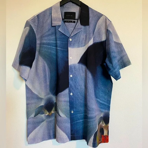 Iise Floral Blue Camp Shirt Orchid Print Short Sleeve Button Up Lightweight - Picture 5 of 10
